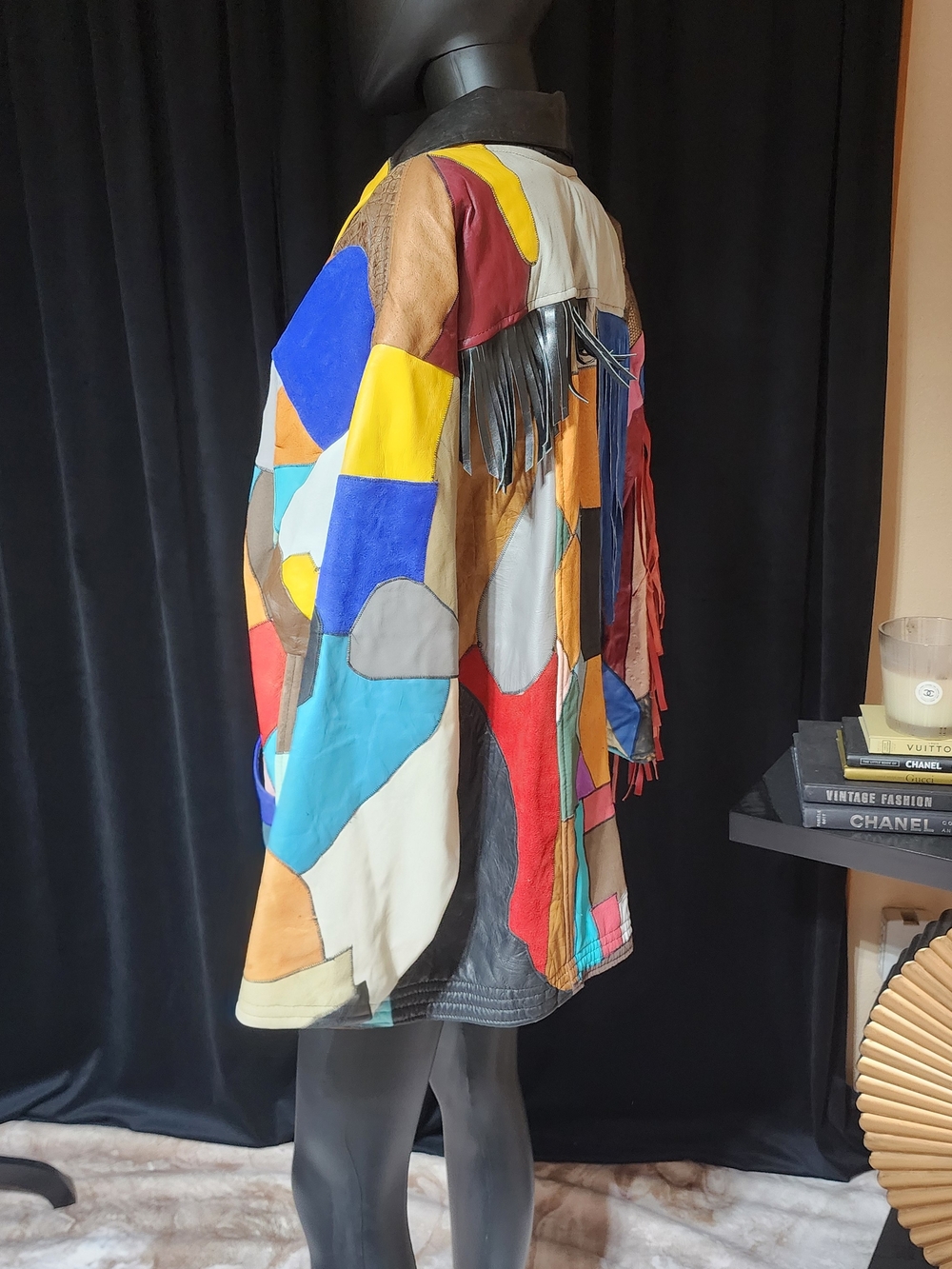 Vintage 80s Patchwork Leather Fringe Jacket Oversized Western Boho M/L - Picture 13 of 16